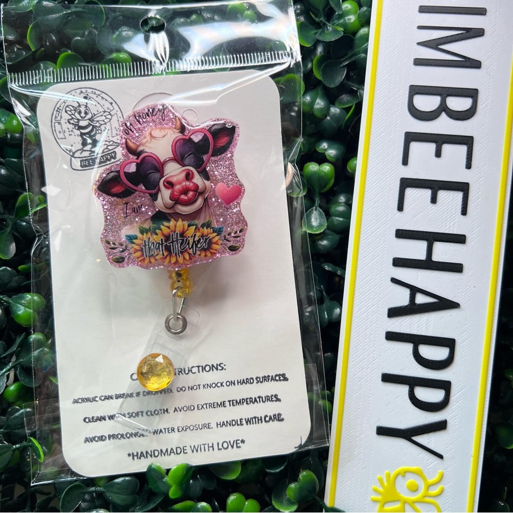 Glitter Cow Badge Reel with Heart Sunglasses - Pink